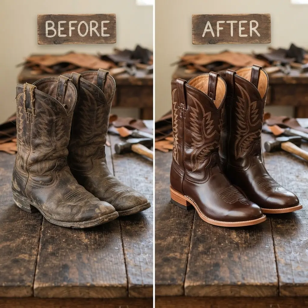 Brownsville boots before and after repair at Petite Bison Leatherworks