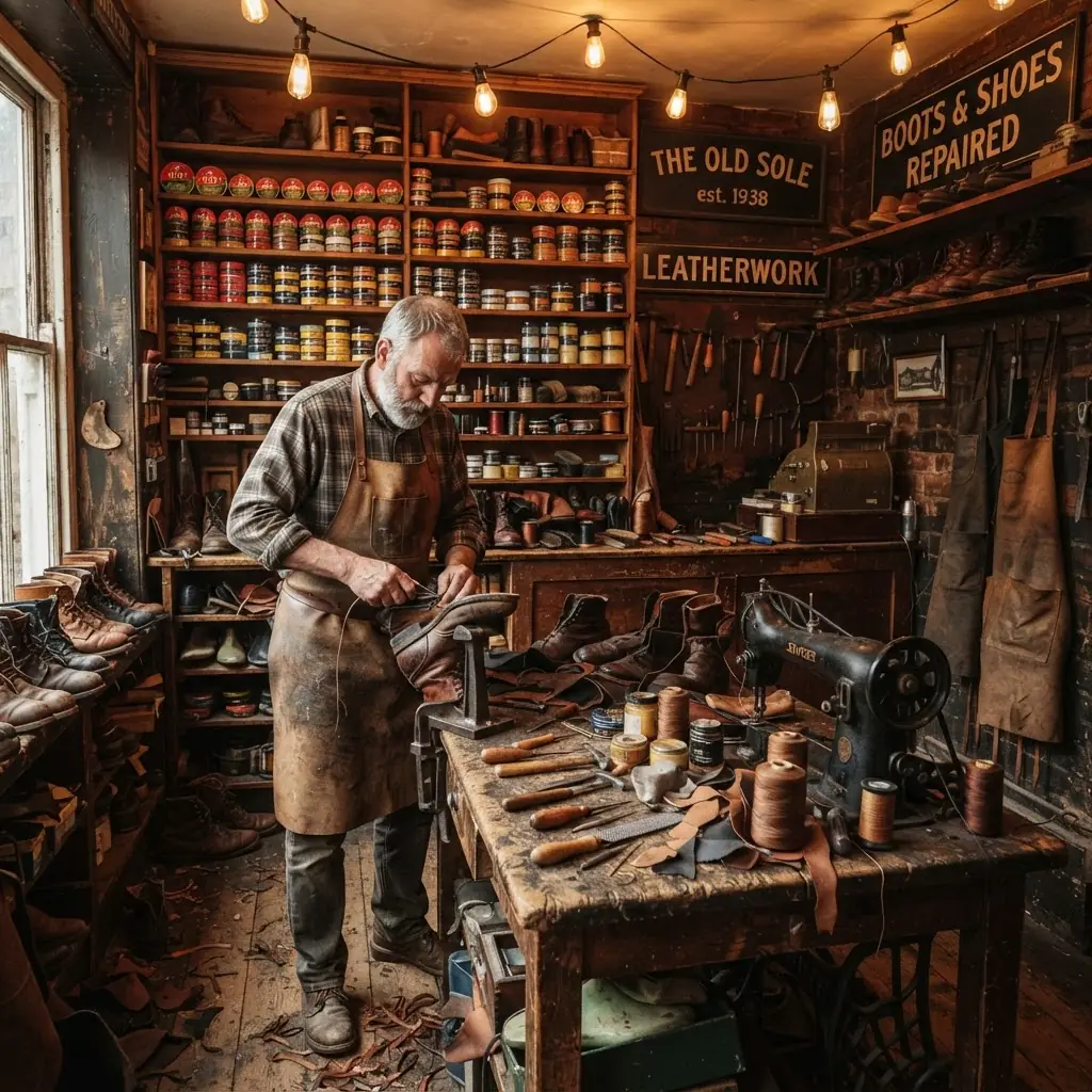 Inside Petite Bison Leatherworks boot repair shop in Brownsville